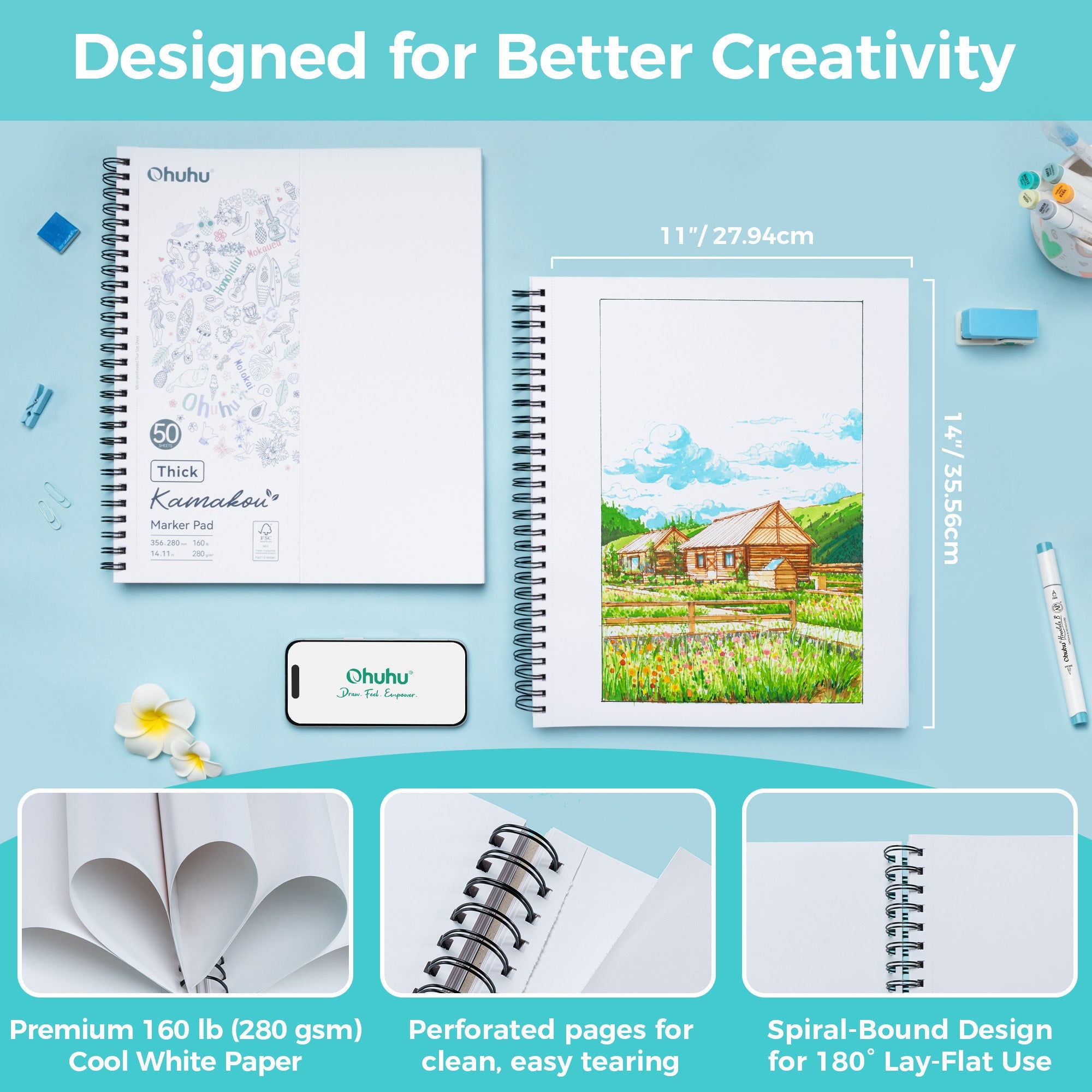 Ohuhu Heavyweight Bleedproof Double-Sided Marker Pad, Spiral-Bound - Kamakou