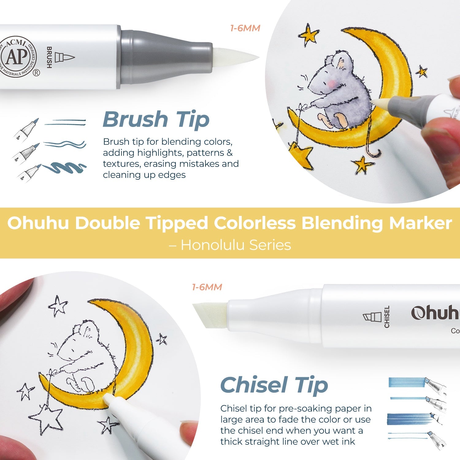 Ohuhu Honolulu Colorless Blender Marker - Pack of 6 (Canada Domestic Shipping)