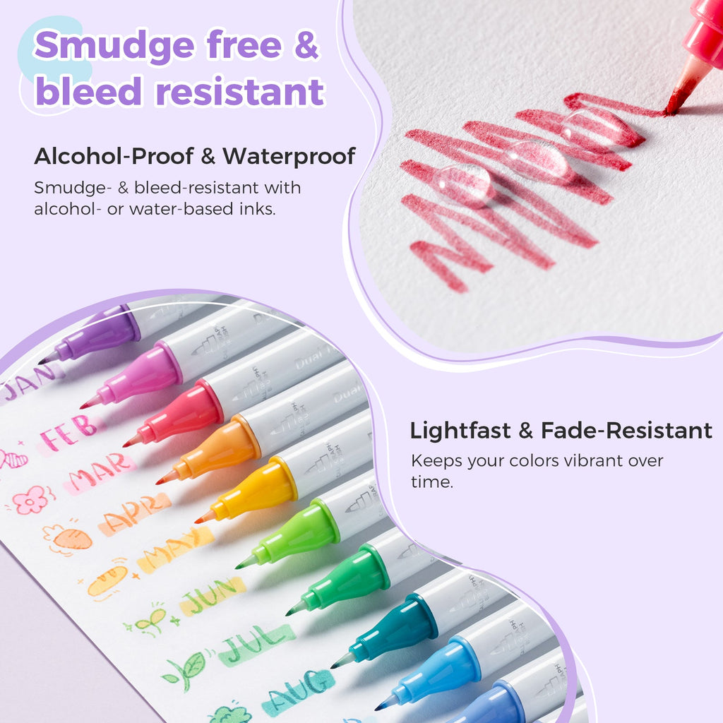 Ohuhu Colored Fineliner & Brush Pens, 12 Colors