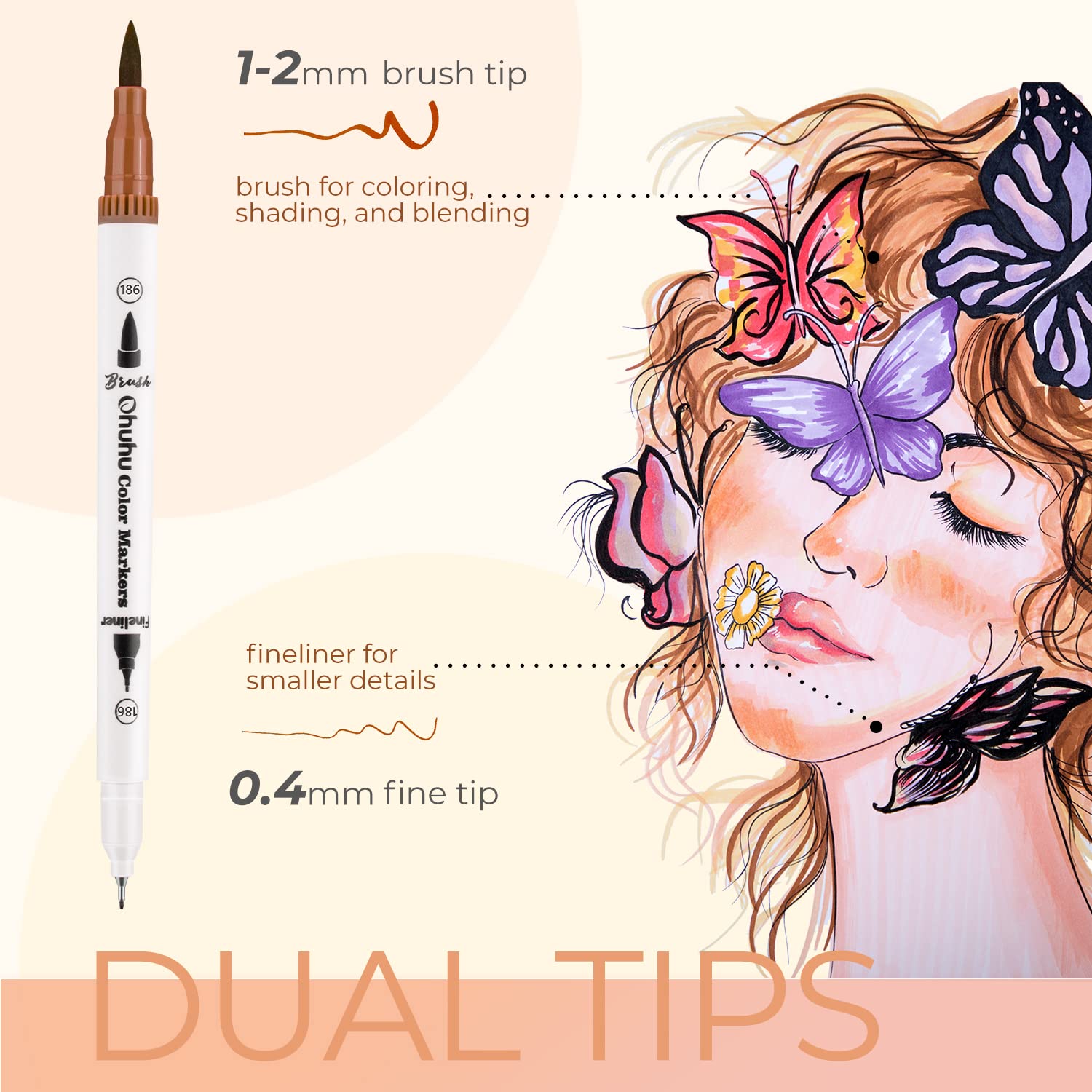 Ohuhu Maui 36 Skin Tone Colors Dual Tips Water Based Art Markers, Brush & Fineliner