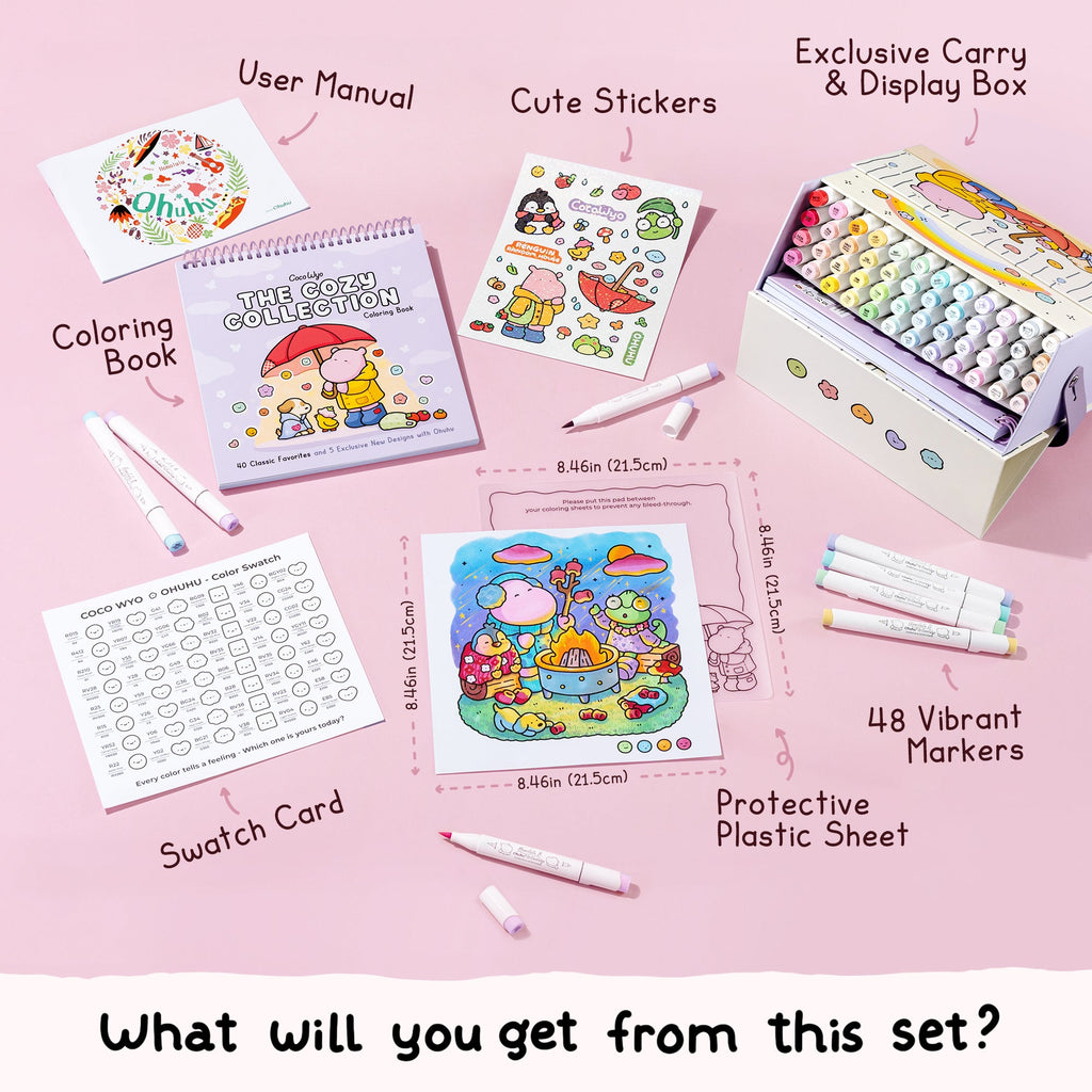 Ohuhu x Coco Wyo Cozy Mood Coloring Kit, Honolulu B 48 Colors Alcohol Markers with Brush & Fine Dual Tips, Coloring Book with Mood Tracker Pages