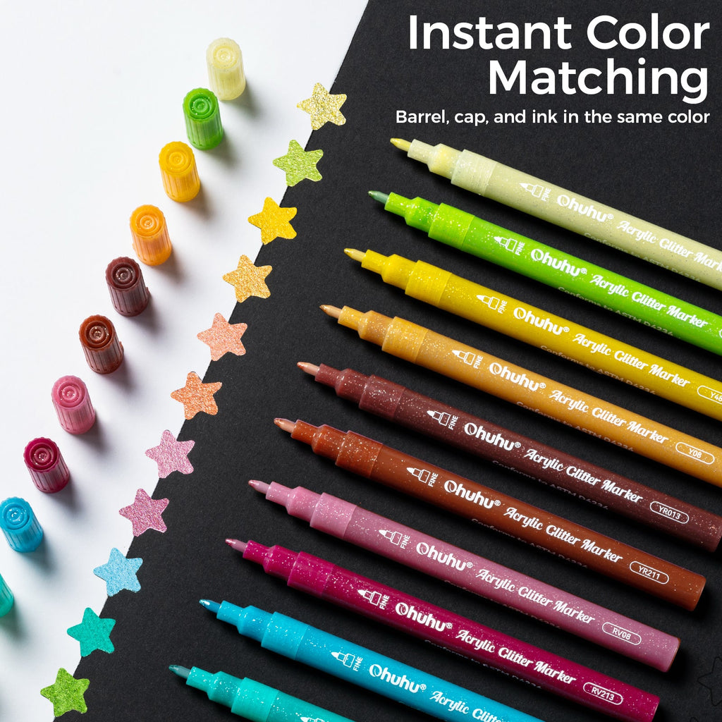 Ohuhu Acrylic Metallic Glitter Markers, 24 Colors - 0.7mm & 3mm Tip Paint Pens