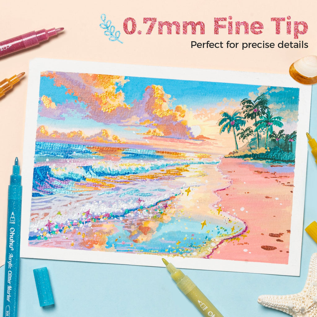 Ohuhu Acrylic Metallic Glitter Markers, 24 Colors - 0.7mm & 3mm Tip Paint Pens