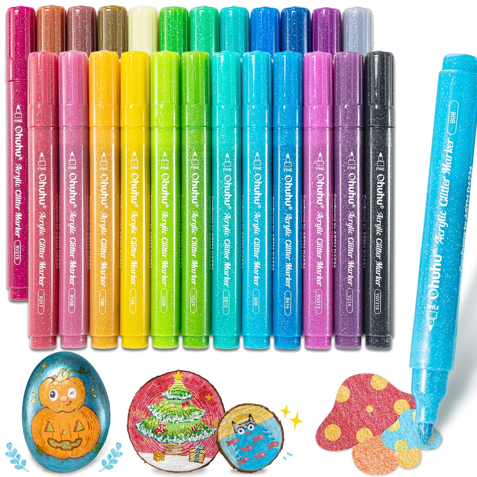 Ohuhu Acrylic Metallic Glitter Markers, 24 Colors - 0.7mm & 3mm Tip Paint Pens