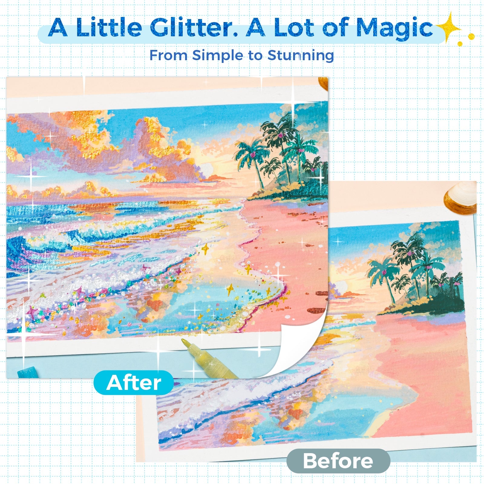 Ohuhu Acrylic Metallic Glitter Markers, 24 Colors - 0.7mm & 3mm Tip Paint Pens