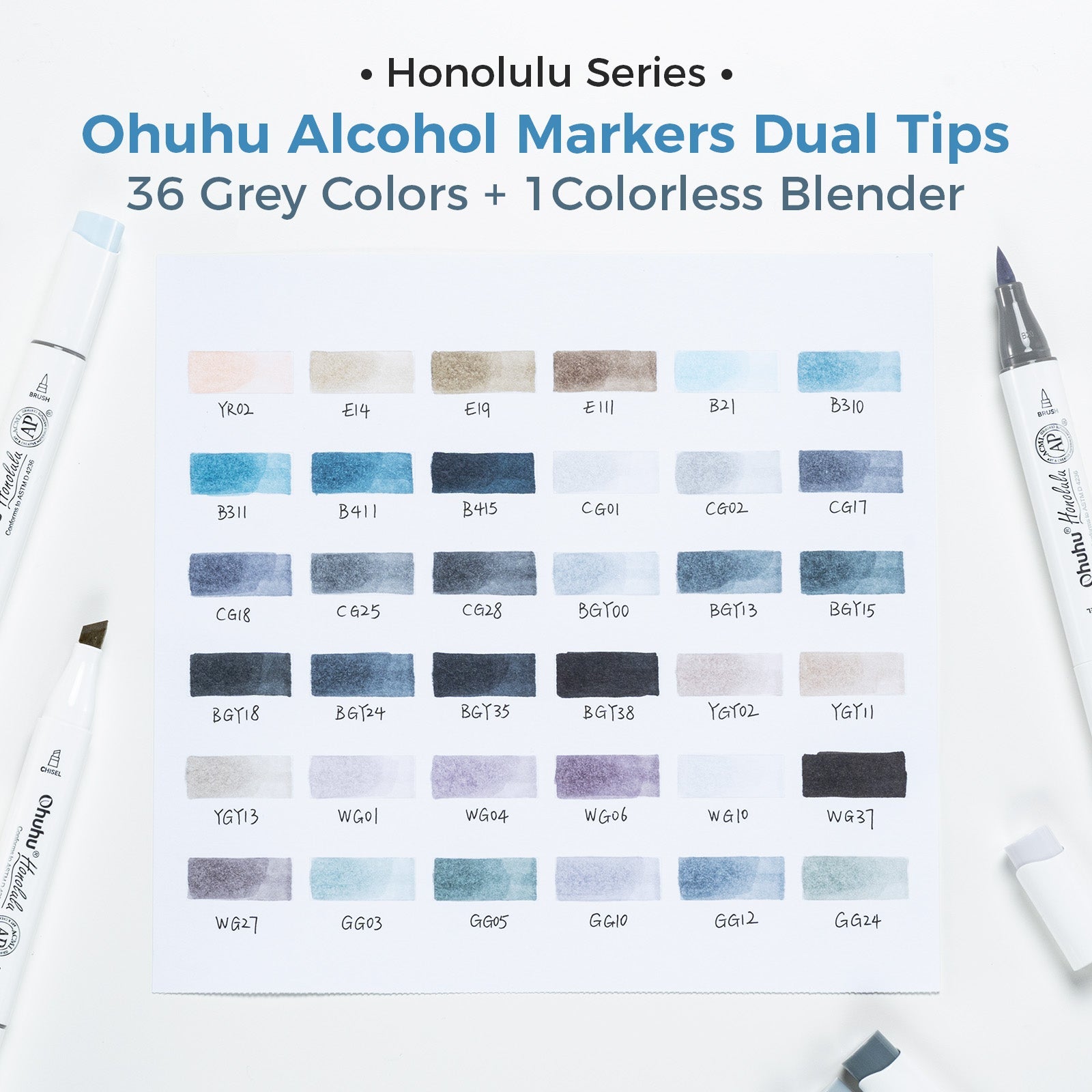 Ohuhu Honolulu 36 Gray Tone Colors Dual Tips Alcohol Art Markers (New Color Codes)