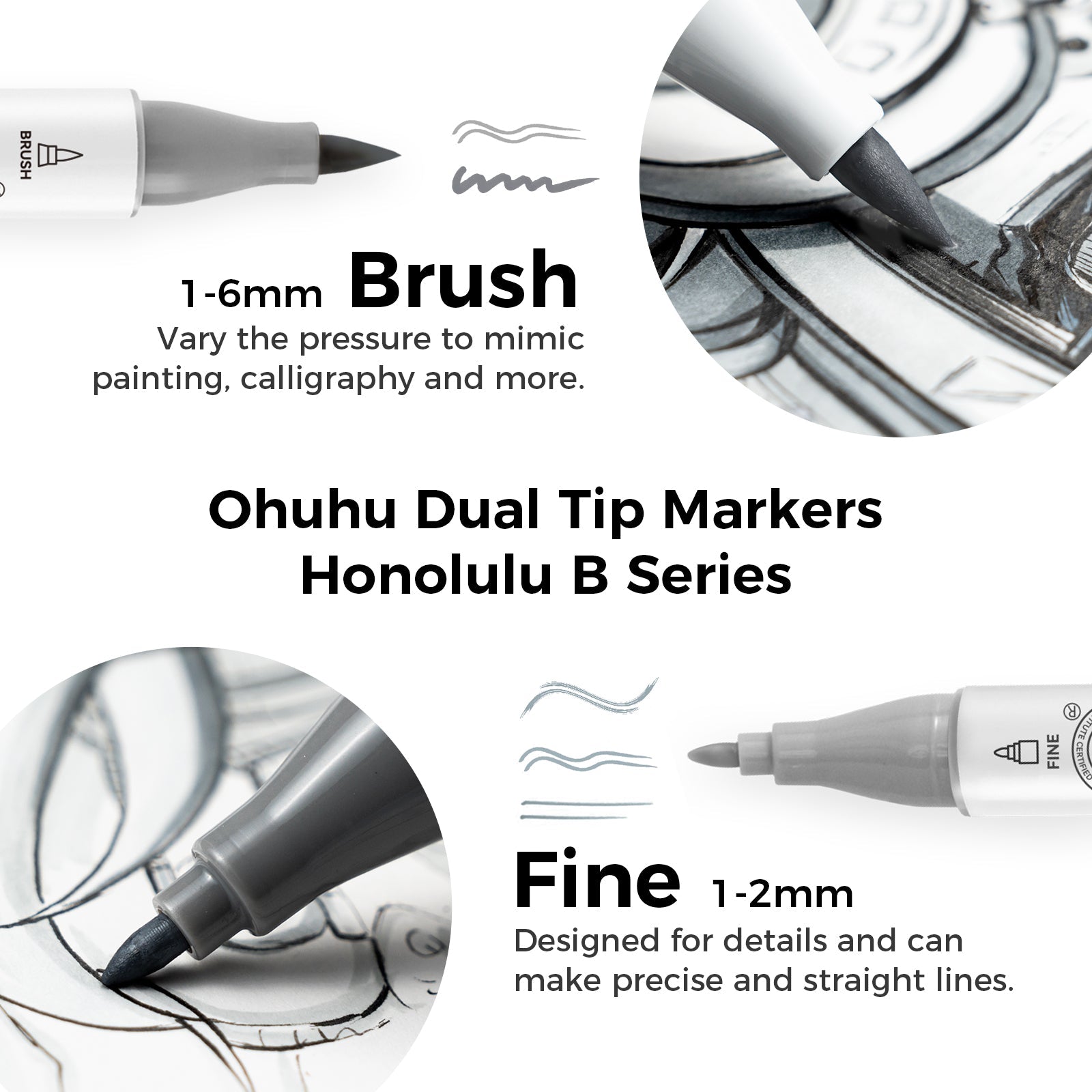 Ohuhu Honolulu 36 Gray Tone Colors Dual Tips Alcohol Art Markers (New Color Codes)
