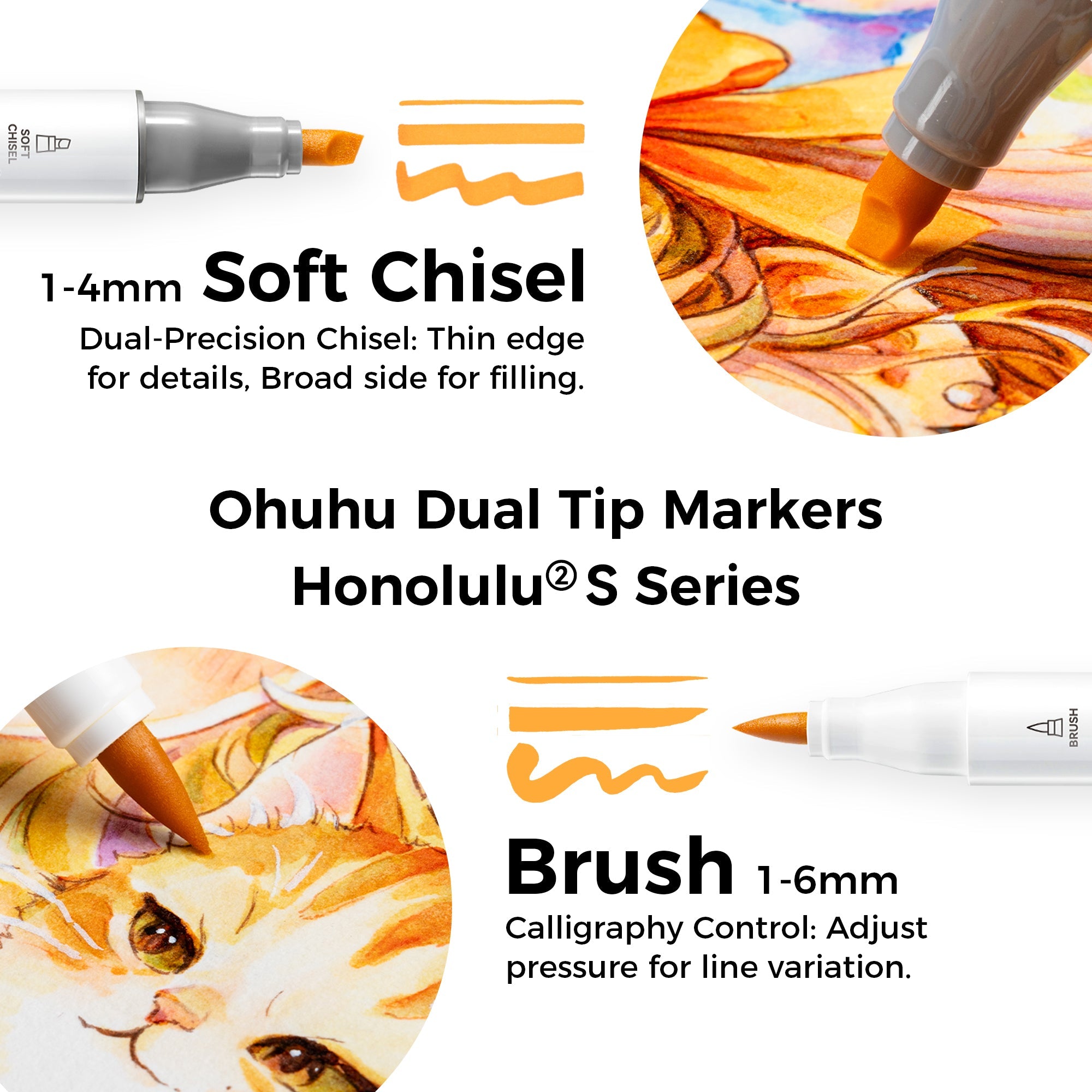 Ohuhu Honolulu² S 24 Basic Colors Dual Soft Tips Alcohol Art Markers, Brush & Soft Chisel