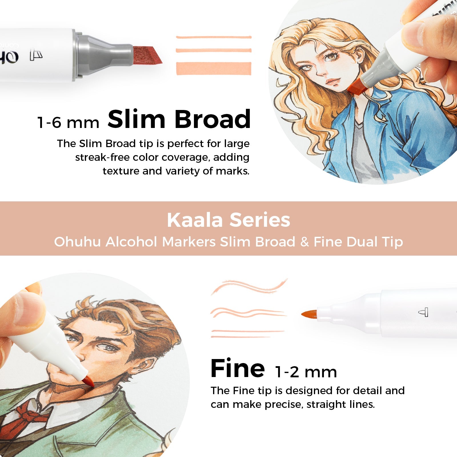 Ohuhu Kaala Five Tones Slim Broad and Fine Dual Tips Alcohol Art Markers