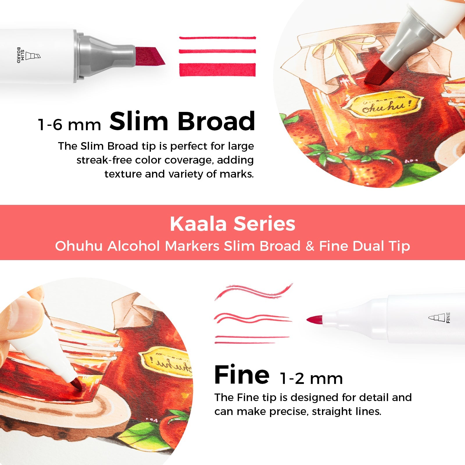 Ohuhu Kaala Four Tones Slim Broad and Fine Dual Tips Alcohol Art Markers (Europe Only)
