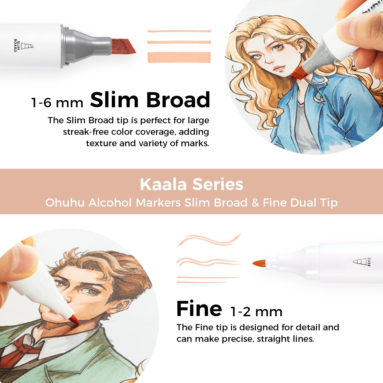 Ohuhu Kaala Five Tones Slim Broad and Fine Dual Tips Alcohol Art Markers