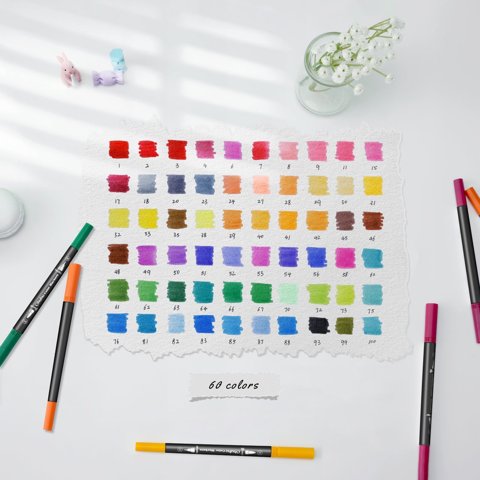 Ohuhu Maui 60 Colors Dual Tips Water Based Art Markers, Brush & Fineliner