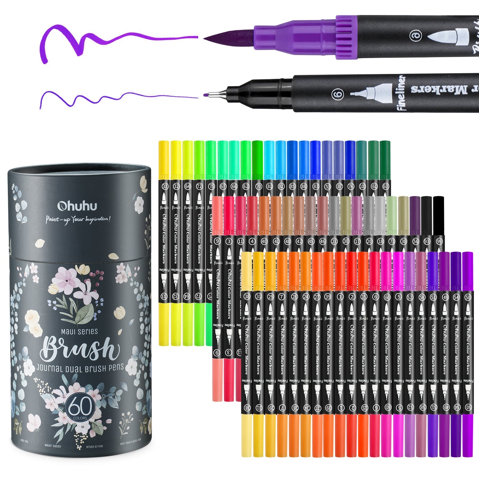 Ohuhu Maui 60 Colors Dual Tips Water Based Art Markers, Brush & Fineliner (Europe Only)