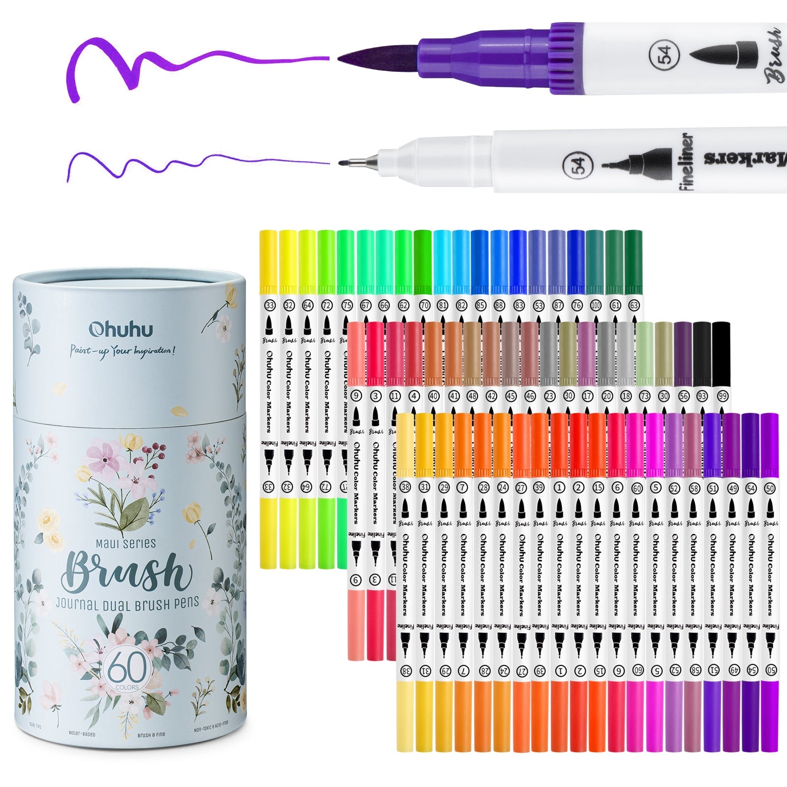 Ohuhu Maui 60 Colors Dual Tips Water Based Art Markers, Brush & Fineliner (US Exclusive)