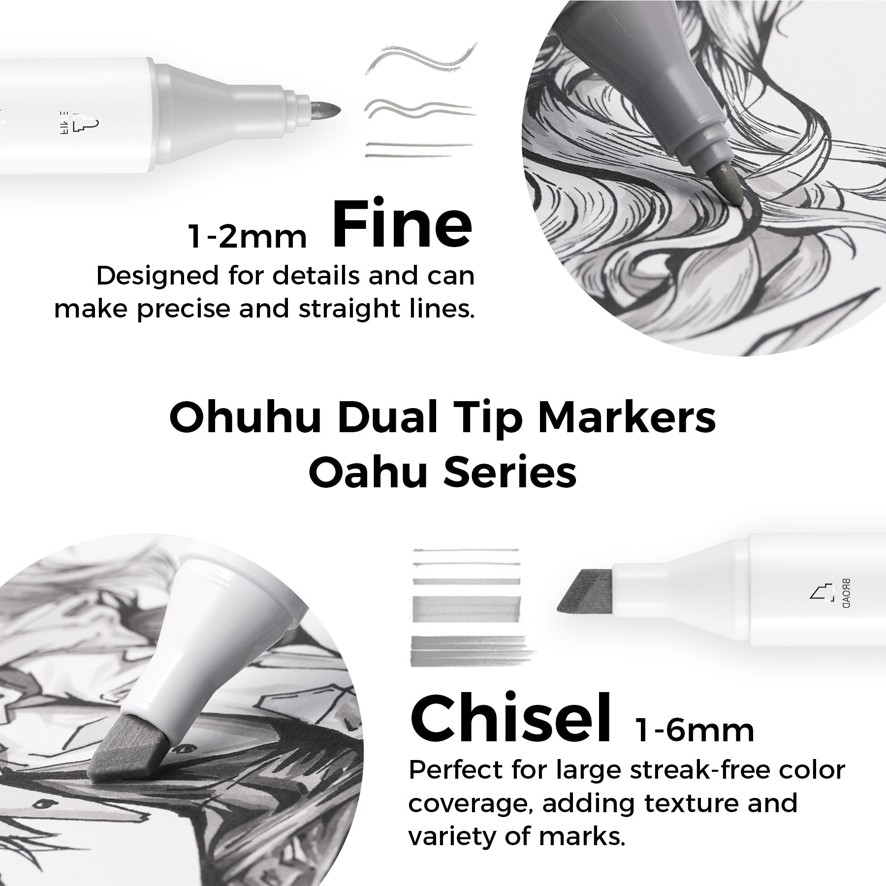 Ohuhu Oahu 36 Gray Tone Colors Dual Tips Alcohol Art Markers Set, Fine & Chisel (Europe Only)