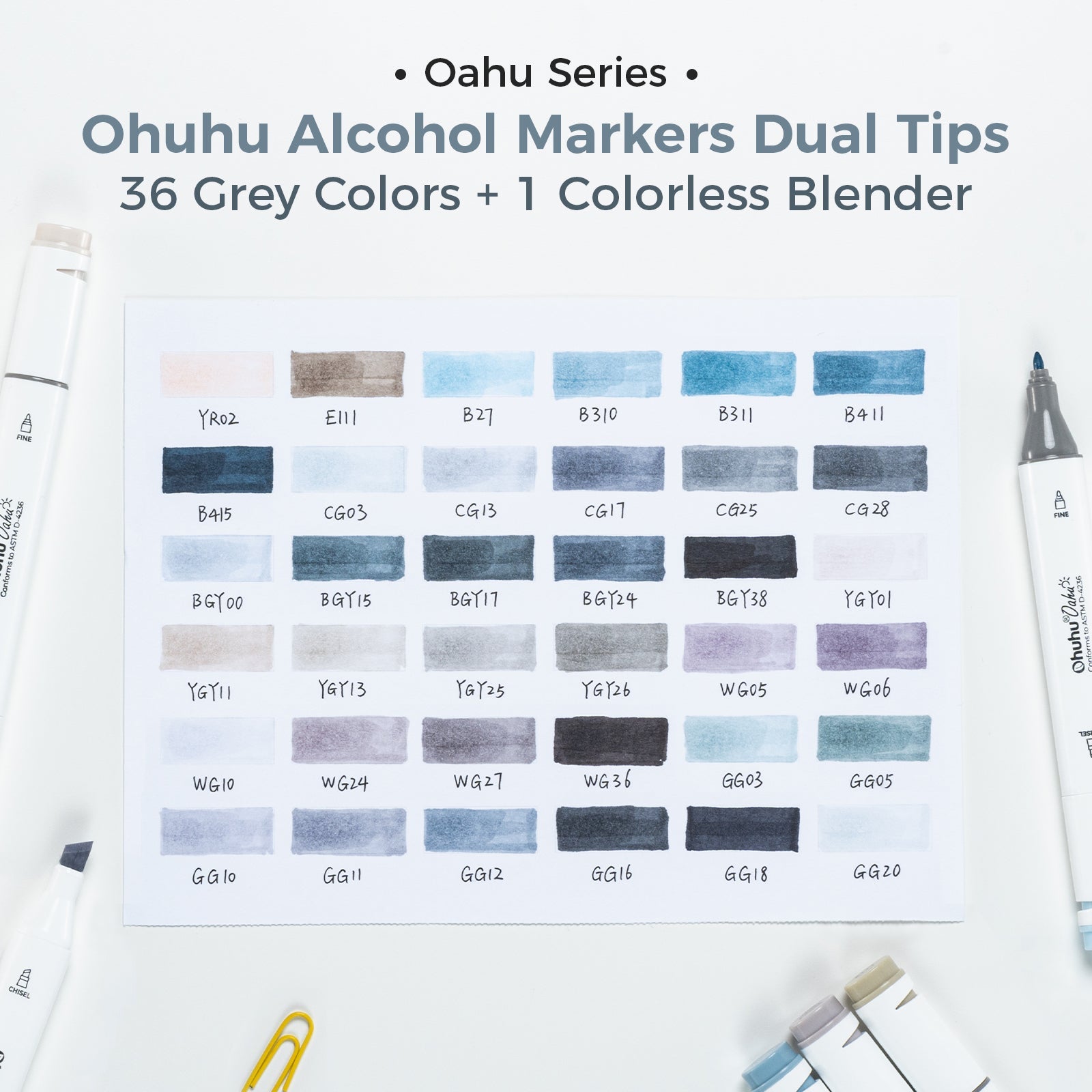 Ohuhu Oahu 36 Gray Tone Colors Dual Tips Alcohol Art Markers Set, Fine & Chisel (Ships from Asia Warehouse)