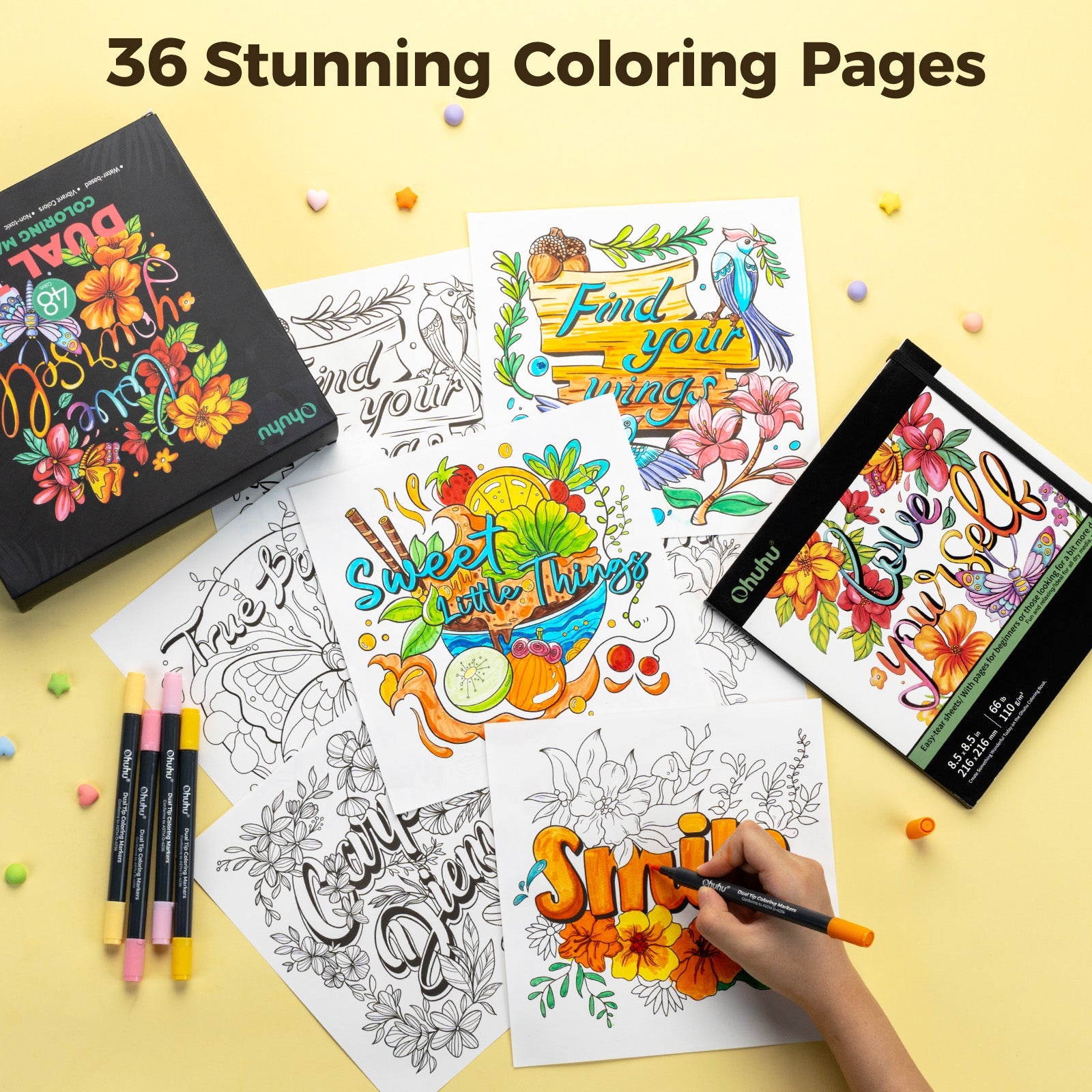 Ohuhu Water Based Brush & Fine Tips Art Markers with Bleed-Proof Coloring Book