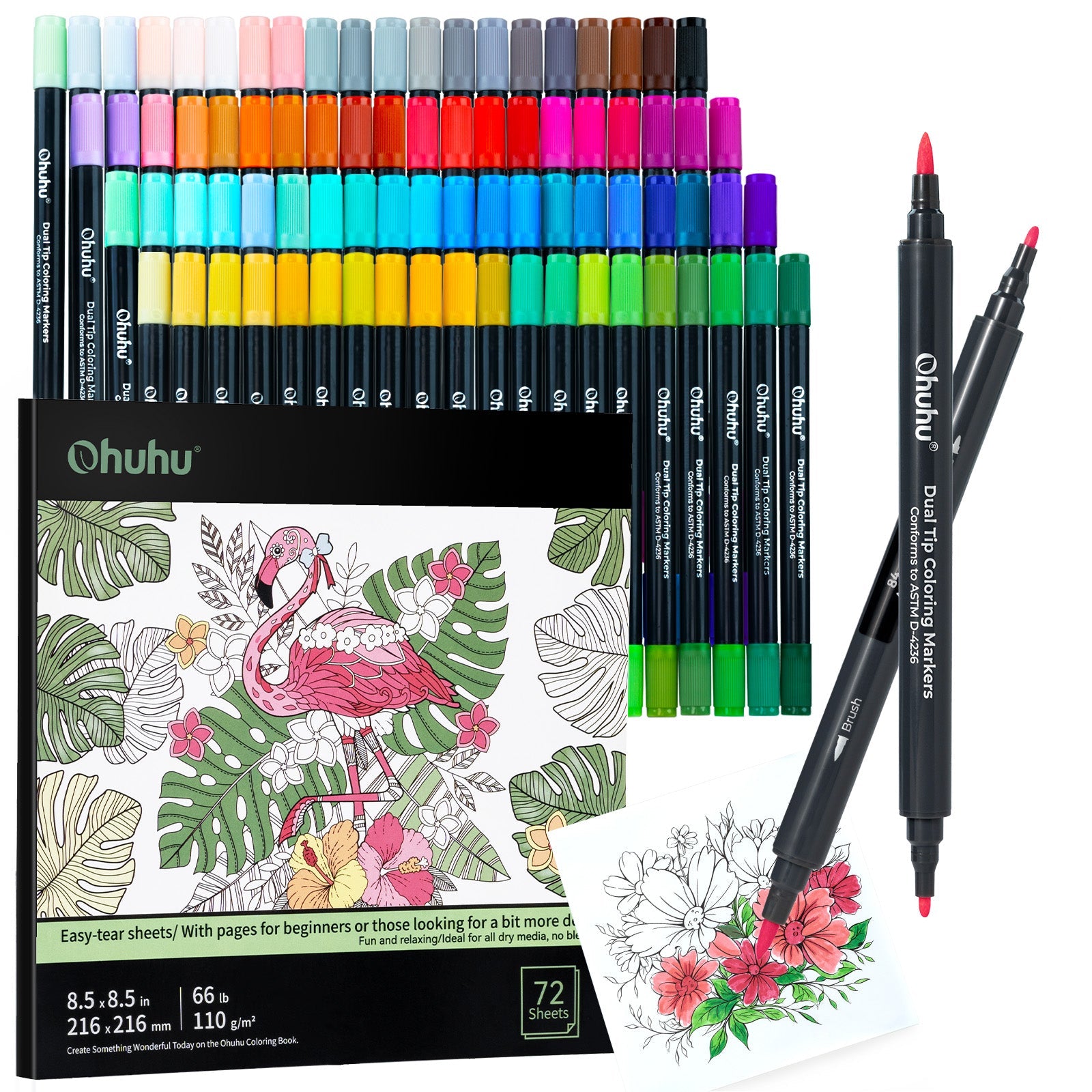 Ohuhu Water Based Brush & Fine Tips Art Markers with Bleed-Proof Coloring Book