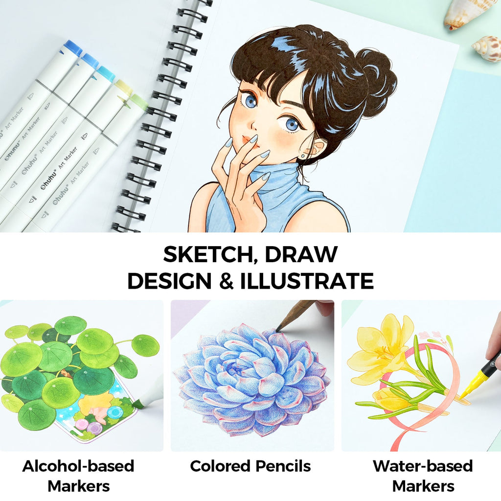 Ohuhu Bleedproof Double-Sided Marker Pad, Spiral-Bound