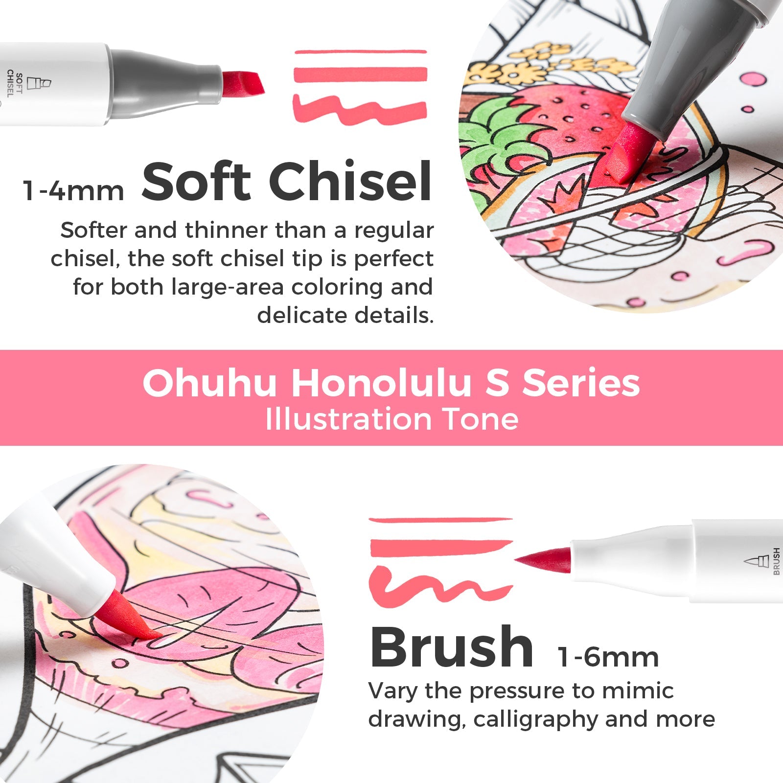 Ohuhu Honolulu S 60 Illustration Tone Colors Dual Soft Tips Alcohol Art Markers, Brush & Soft Chisel