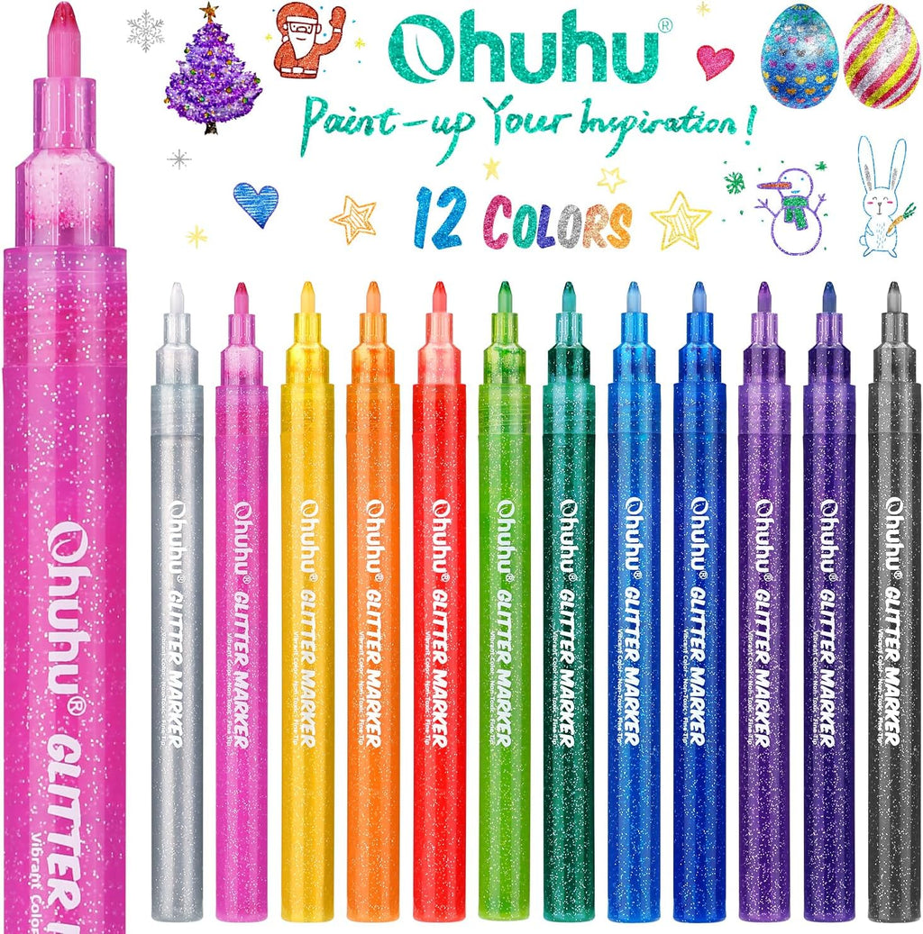 Ohuhu Water-Based Glitter Metallic Marker Pens, 12 Shimmer Colors