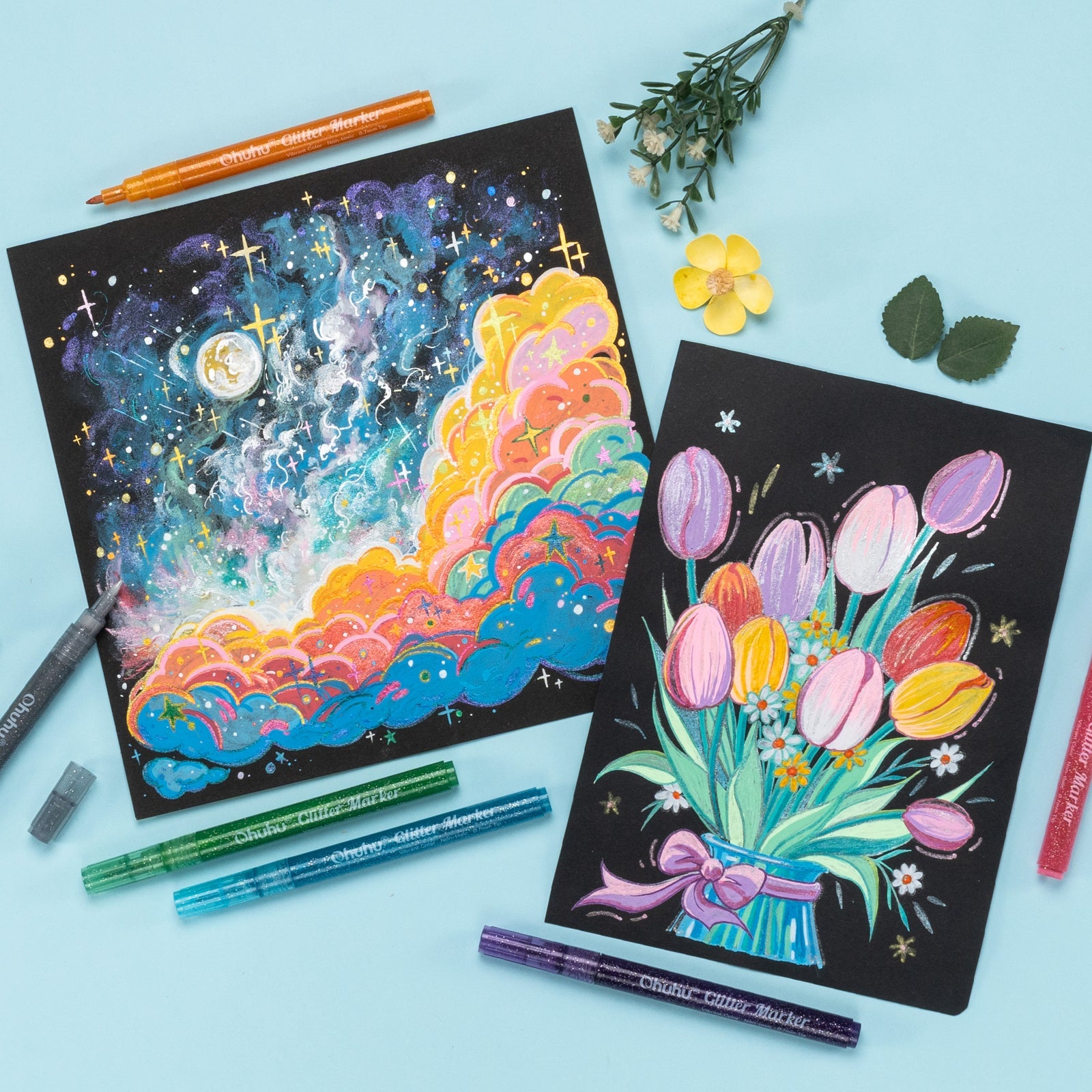 Ohuhu Water-Based Glitter Metallic Marker Pens, 12 Shimmer Colors