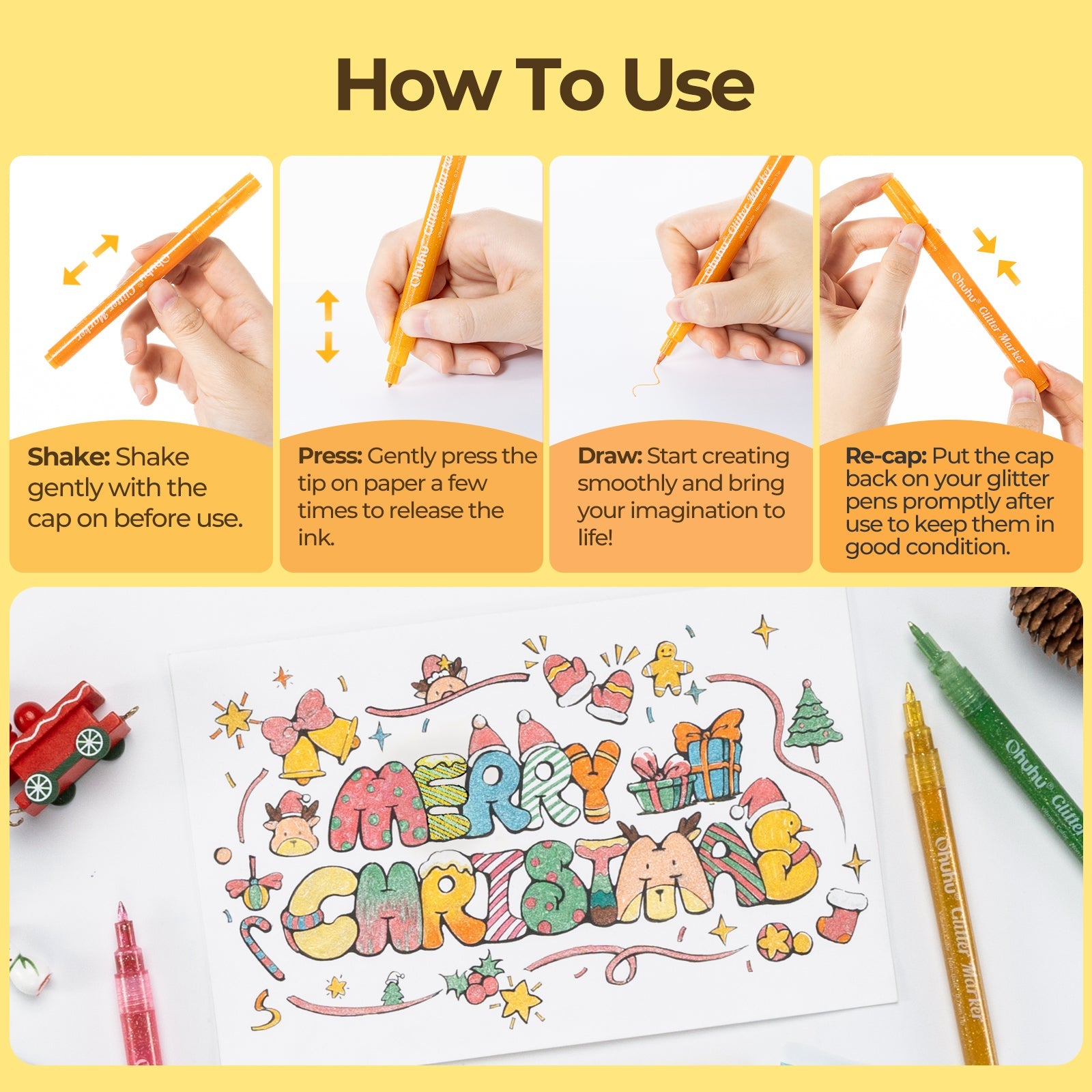 Ohuhu Water-Based Glitter Metallic Marker Pens, 12 Shimmer Colors