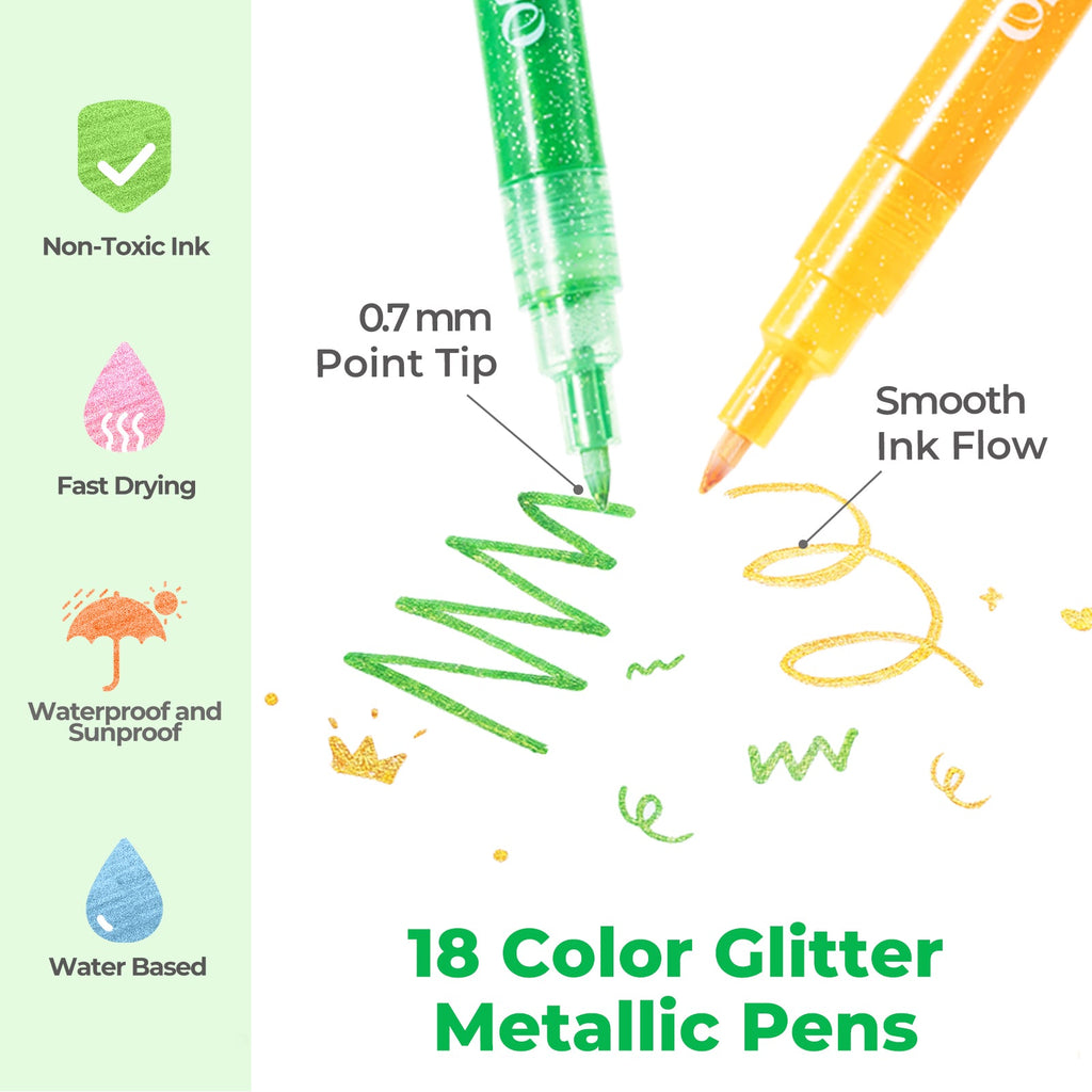 Ohuhu Water-Based Glitter Metallic Marker Pens, 12 Shimmer Colors