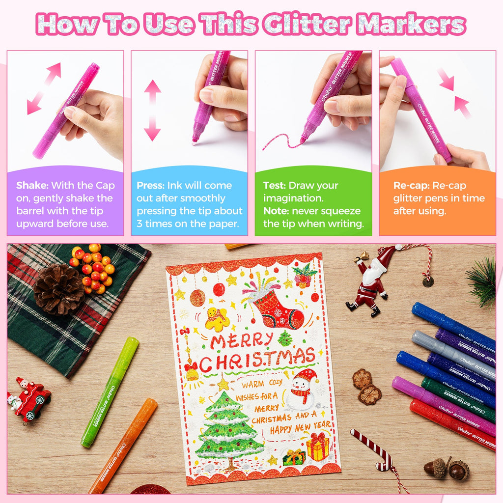 Ohuhu Water-Based Glitter Metallic Marker Pens, 12 Shimmer Colors