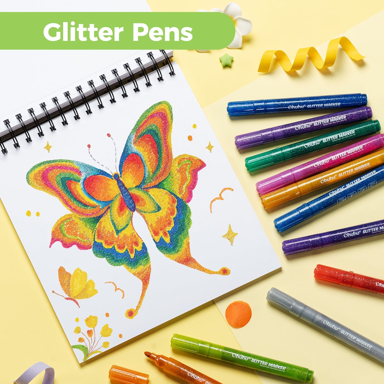 Ohuhu Water-Based Glitter Metallic Marker Pens, 12 Shimmer Colors